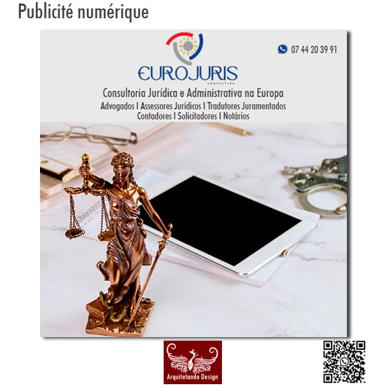 La création de la publicité numérique pour la société Eurojuris. Avec cela, cette entreprise peut montrer les services qu’elle offre.
Oui, faire une annonce numérique peut être extrêmement utile et bénéfique pour la promotion de produits, services ou entreprises. Les annonces numériques sont des campagnes publicitaires qui sont diffusées en ligne, généralement sur les plateformes de médias sociaux, les moteurs de recherche ou sur des sites Web liés à l’audience. 
Regardez plus : https://www.arquitetandodesign.com.br/fr/numerique/
